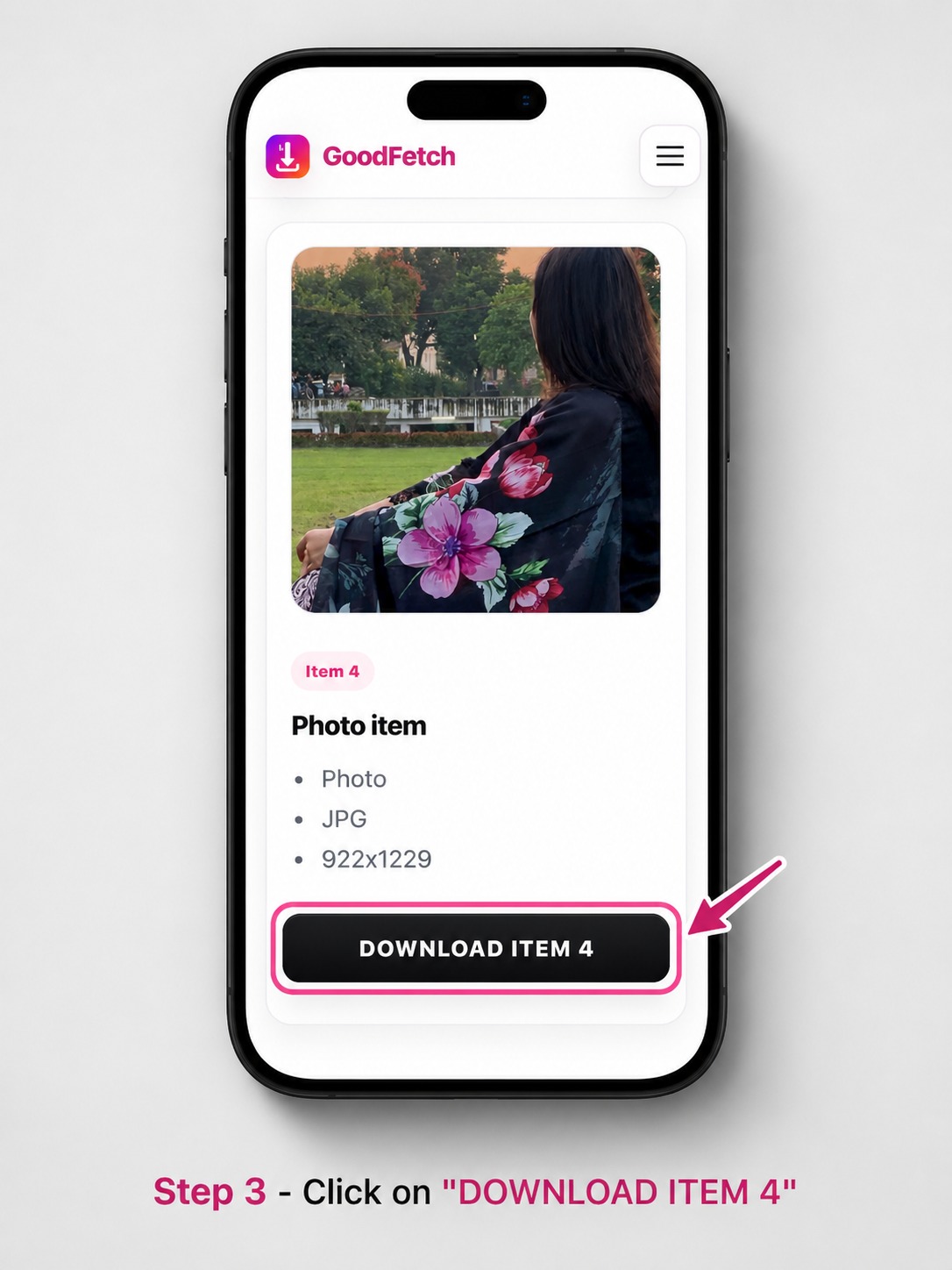 GoodFetch Instagram carousel result showing numbered media items with separate download controls
